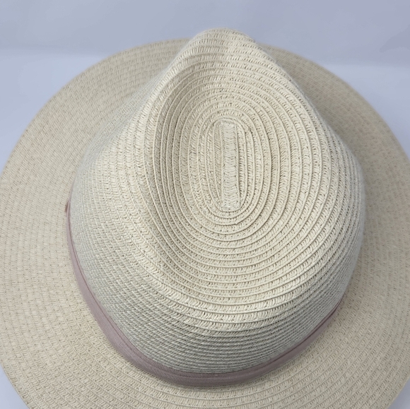 H&M NATURAL PAPER STRAW CREAM FEDORA DUSTY ROSE PINK RIBBON BAND WOMEN LARGE 58 - Picture 4 of 12